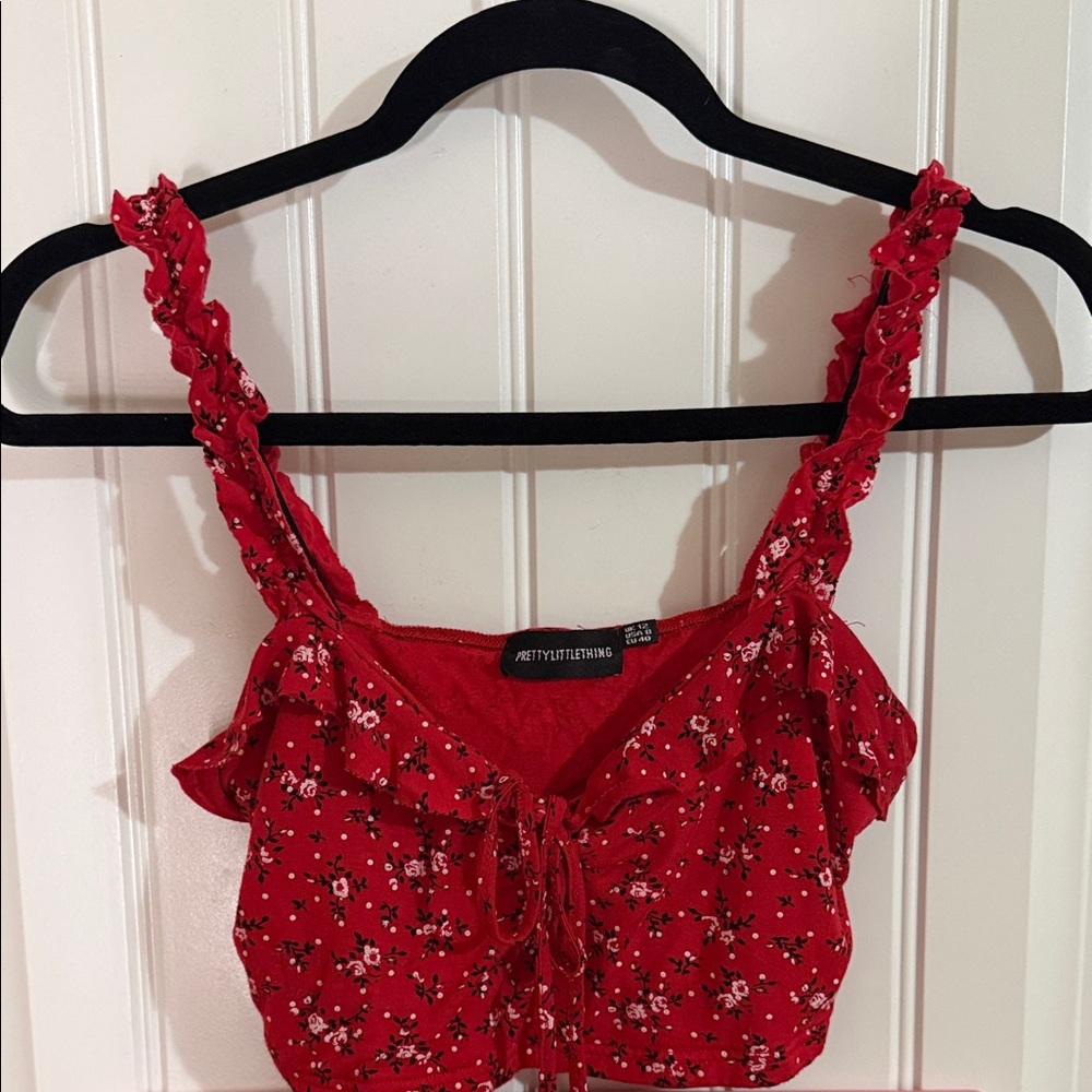 PrettyLittleThing Red Floral Cropped Top & Skirt Set